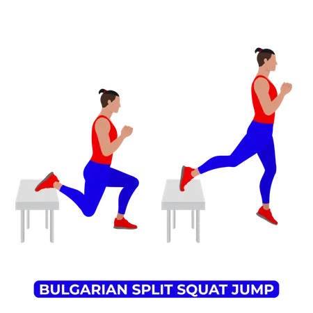 Homem fazendo exercício búlgaro de agachamento e salto dividido  Ilustração