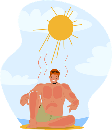 Homem fazendo careta de dor por queimadura de sol na praia  Ilustração