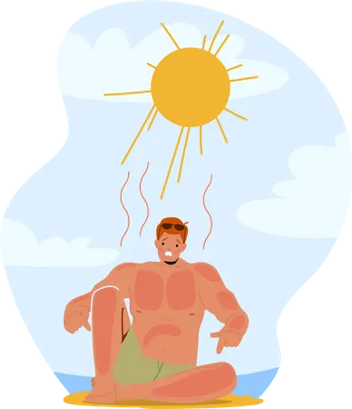 Homem fazendo careta de dor por queimadura de sol na praia  Ilustração