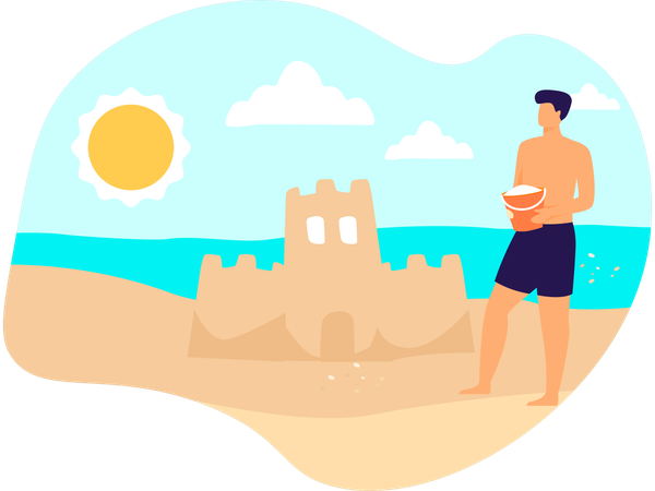 Homem fazendo castelo de areia  Ilustração