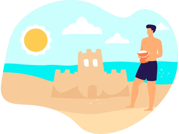 Homem fazendo castelo de areia  Ilustração