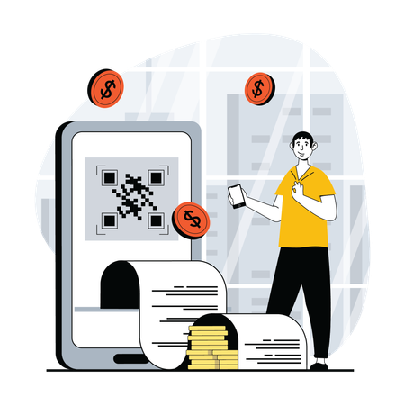 Homem fazendo pagamento por código QR  Ilustração