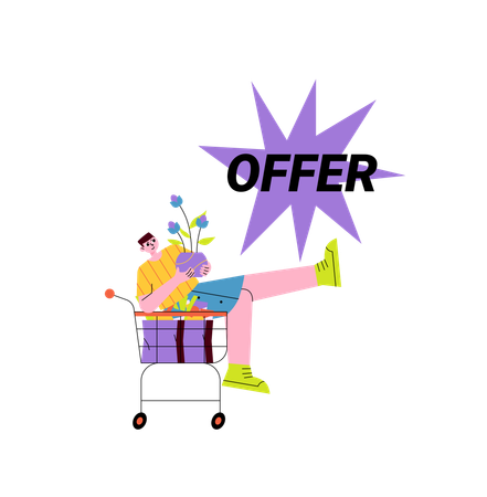 Homem fazendo compras durante a oferta  Ilustração