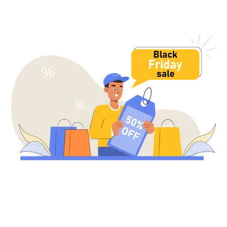 Homem fazendo compras na Black Friday para festivais  Ilustração