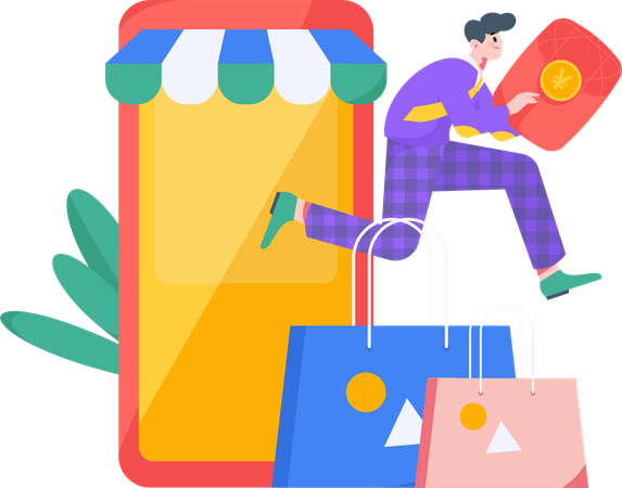 Homem fazendo compras no aplicativo  Ilustração