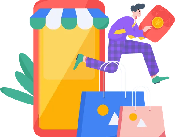 Homem fazendo compras no aplicativo  Ilustração