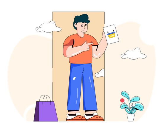 Homem fazendo compras on-line usando aplicativo de comércio eletrônico  Ilustração