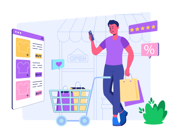 Homem fazendo compras on-line  Ilustração