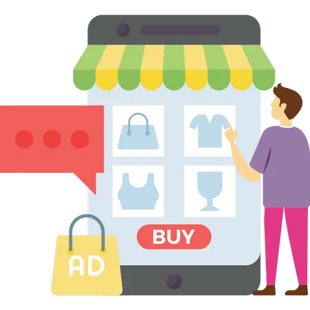 Homem fazendo compras on-line no aplicativo  Ilustração