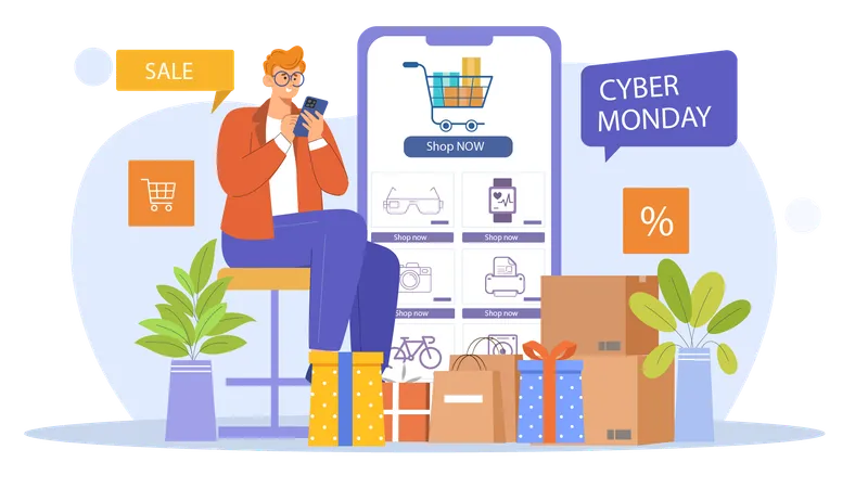 Homem fazendo compras on-line durante a venda da Cyber Monday  Ilustração