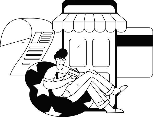 Homem fazendo compras online em loja digital  Ilustração