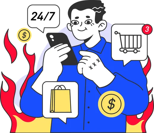 Homem fazendo compras on-line em promoção  Ilustração