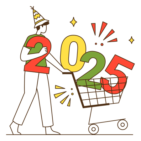 Homem fazendo compras para o ano de 2025  Ilustração