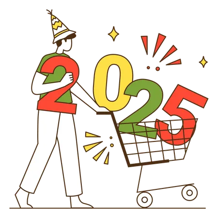 Homem fazendo compras para o ano de 2025  Ilustração