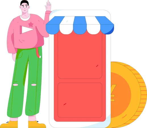 Homem fazendo compras pelo celular  Ilustração