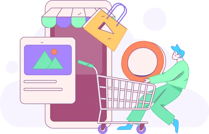 Homem fazendo compras pelo celular  Ilustração