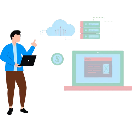 Homem fazendo computação em nuvem  Ilustração