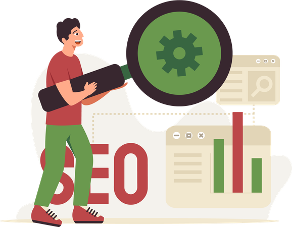 Homem fazendo configuração de SEO  Ilustração