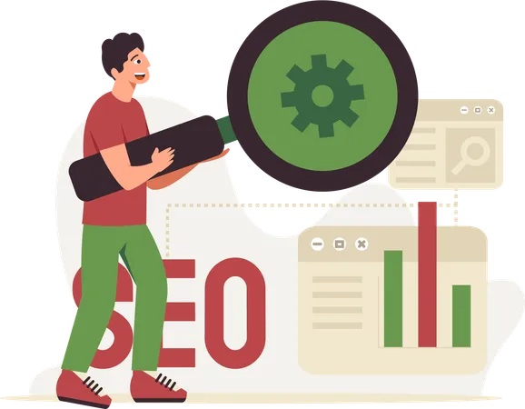 Homem fazendo configuração de SEO  Ilustração