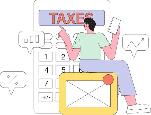 Homem fazendo declaração de imposto de renda e calculando faturas comerciais  Ilustração