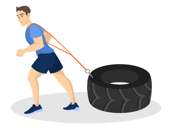 Homem fazendo exercício de puxar pneus  Ilustração