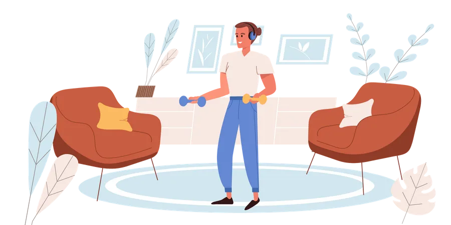 Homem fazendo exercícios com halteres na sala de estar  Ilustração