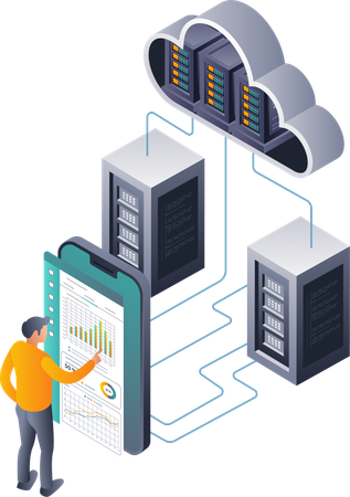Homem fazendo gerenciamento e análise de dados de rede para servidores em nuvem  Ilustração