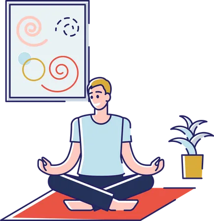 Homem fazendo ioga em casa  Ilustração