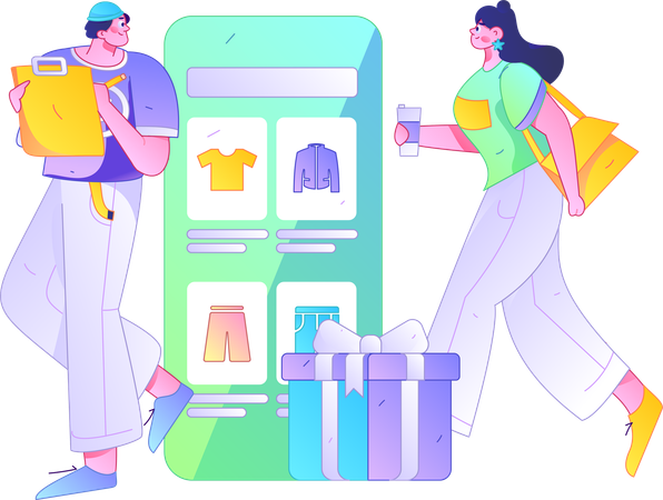 Homem faz lista de compras enquanto menina caminha e ambos fazem compras online  Illustration