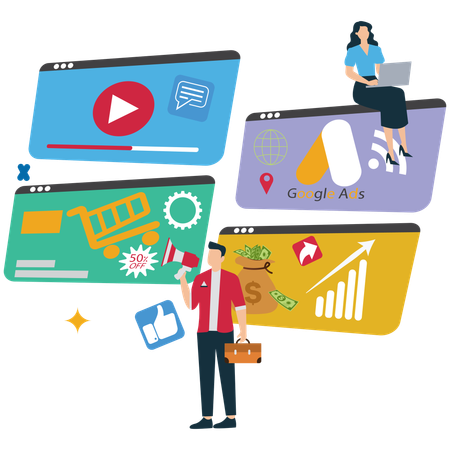 Homem fazendo marketing on-line  Ilustração
