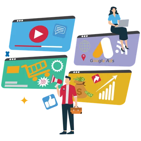 Homem fazendo marketing on-line  Ilustração