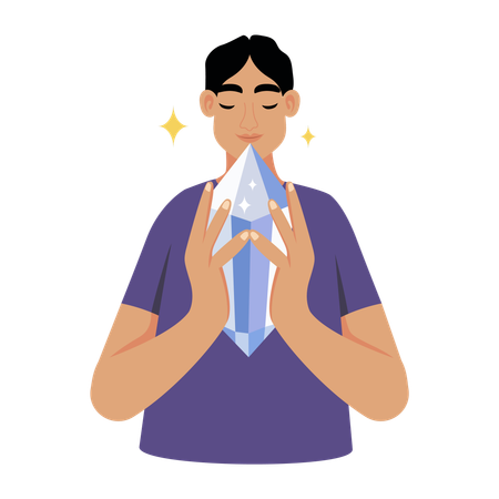 Homem praticando meditação com cristais  Ilustração