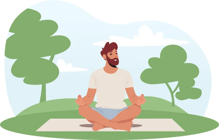 Pratica De Yoga No Parque Personagem Masculino Sentado No Tapete Em Lotus Asana Medita No Fundo Da Paisagem Natural Estilo De Vida Saudavel Aula De Treinamento De Exercicios De Mindfulness Ilustra O Vetorial De Desenho Animado Ilustração