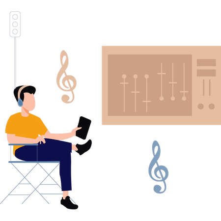 Homem fazendo edição de vídeo multitarefa  Ilustração