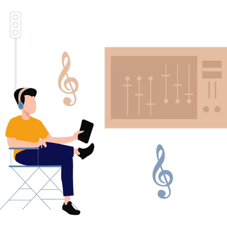 Homem fazendo edição de vídeo multitarefa  Ilustração