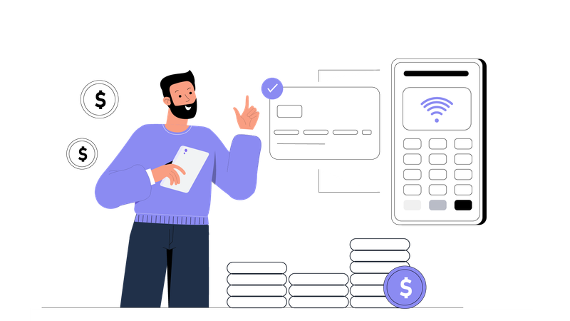 Homem fazendo pagamento com cartão usando máquina de fatura  Ilustração