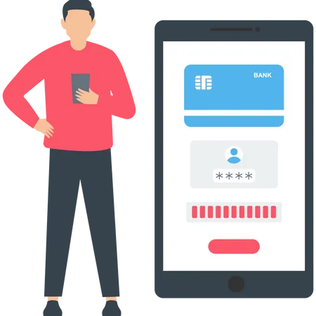 Homem fazendo pagamento online usando aplicativo móvel  Ilustração