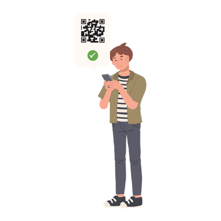 Homem fazendo pagamentos sem dinheiro com celular usando código QR  Ilustração