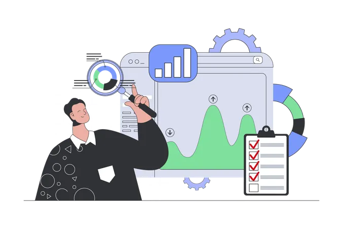 Homem fazendo pesquisas com diagramas e gráficos  Ilustração