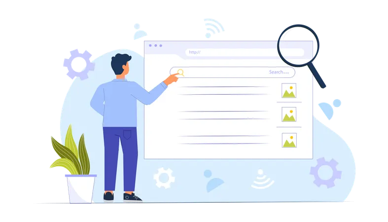 Homem fazendo pesquisa na web  Ilustração