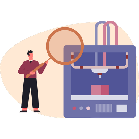 Homem fazendo pesquisa sobre máquina de impressão  Ilustração