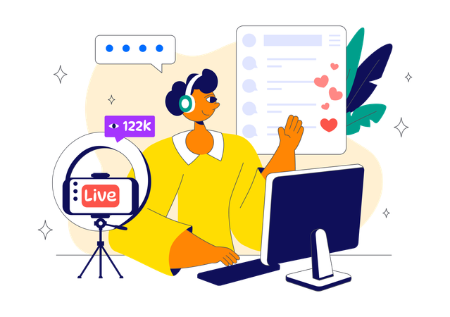 Homem fazendo podcast de transmissão ao vivo  Ilustração