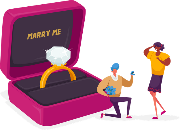 Homem fazendo proposta de casamento para mulher  Ilustração