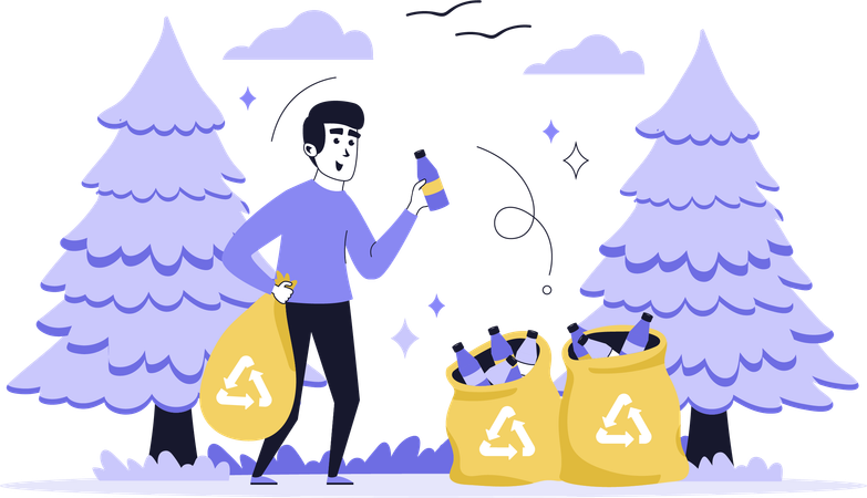 Homem fazendo reciclagem de garrafas usadas  Ilustração
