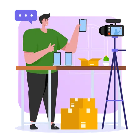 Homem fazendo vídeo de revisão de gadget  Ilustração