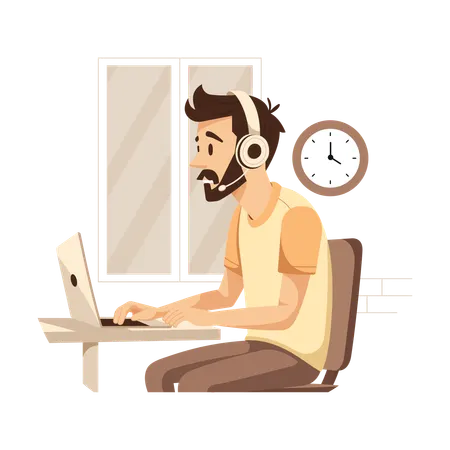 Homem trabalhando até tarde da noite  Ilustração