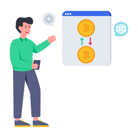 Homem fazendo transferência de Bitcoin  Ilustração
