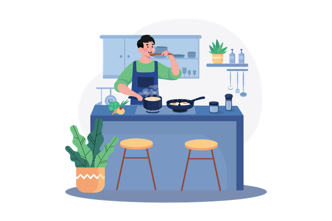 Homem fazendo um prato na cozinha  Ilustração