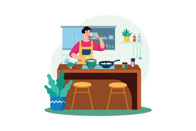 Homem fazendo um prato na cozinha  Ilustração