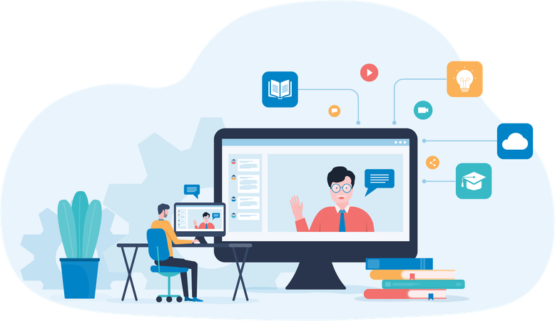 Homem fazendo aprendizado de vídeo online  Ilustração